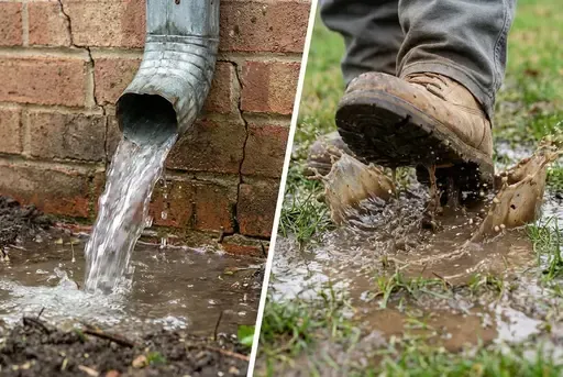 A split image showing water pooling near a house foundation and a muddy, soggy lawn.