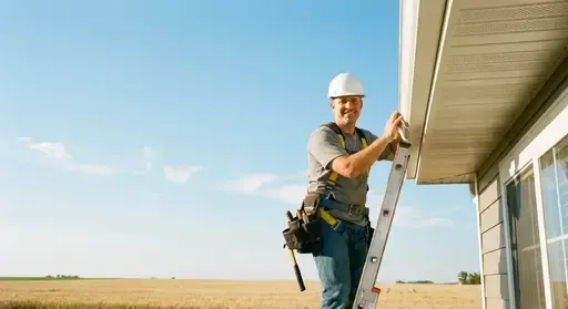 A professional contractor from Wichita Gutters inspecting and repairing white soffit and fascia