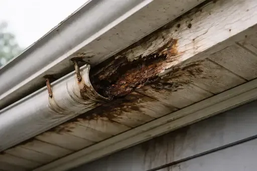 Close-up of soffit rot spreading to fascia behind a loose gutter along a roof edge in Wichita KS