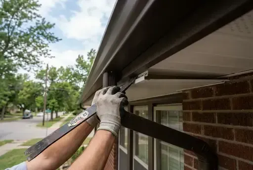 A contractor’s hands using a pry bar to gently slide a vinyl soffit panel into the J-channel behind a seamless gutter on a Wichita home.