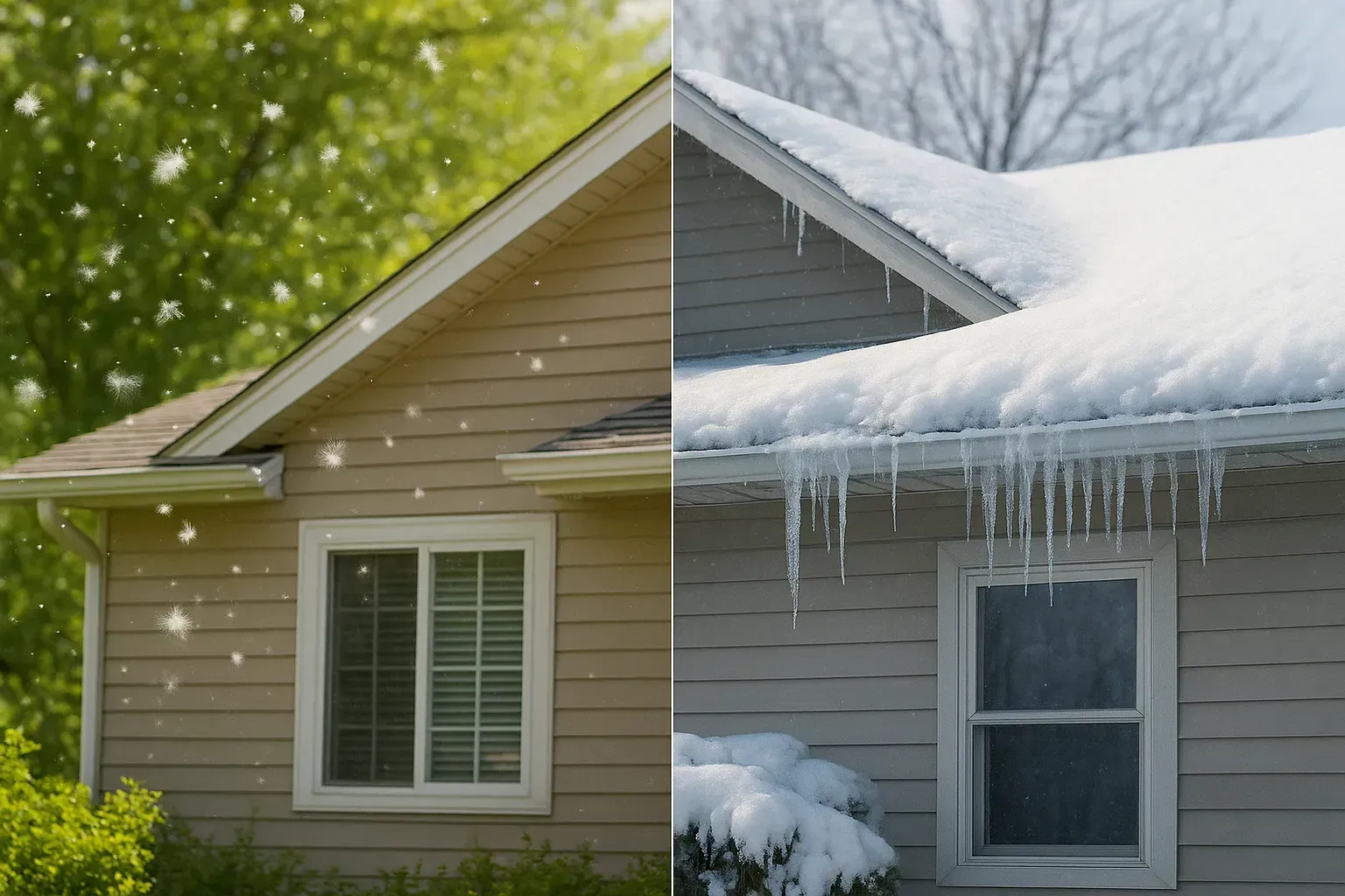 Comparison showing Wichita home with cottonwood seeds in spring and ice-covered gutters in winter