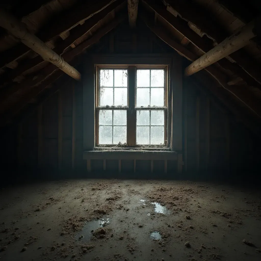 A dark, dusty attic with a window. Dirt and water on the floor, wooden beams overhead.