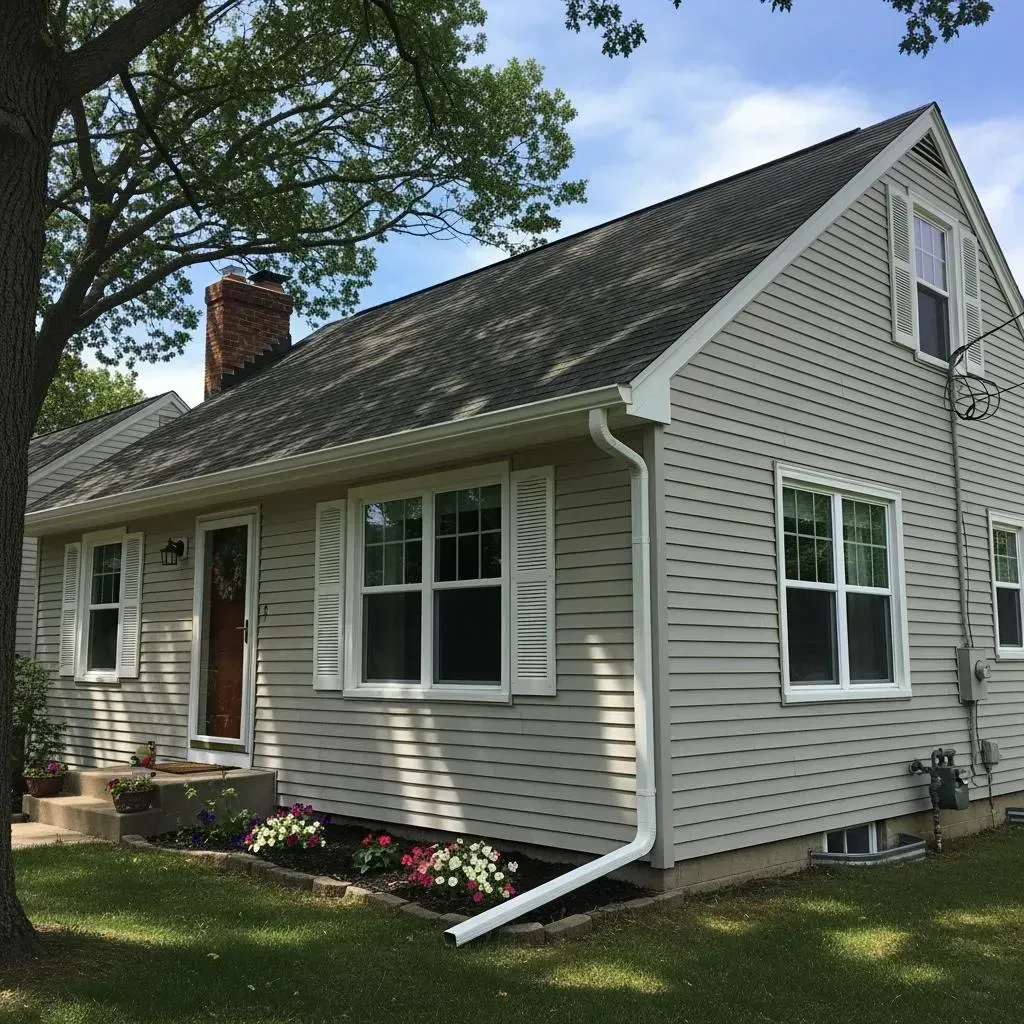 Tan-sided house with white trim, shutters, and windows; garden bed with flowers.