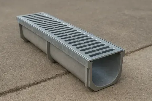 Closeup of a section of  trench drain before installation