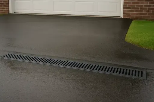 Trench drain installed across a Wichita KS driveway to stop storm runoff