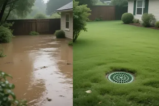 A comparison showing a flooded backyard in Wichita vs a dry yard with an installed underground drain