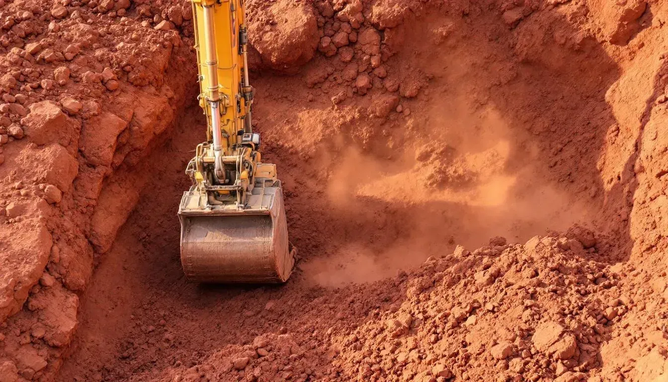 Excavator digging through heavy red clay soil during drainage installation project