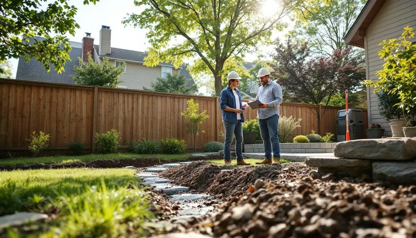 Homeowner consulting with drainage contractor about yard water problems during underground drain installation