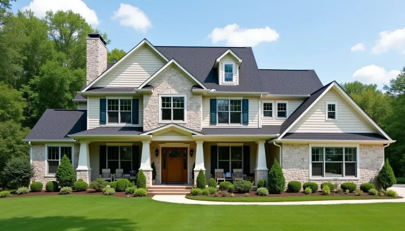 Two-story house with light brick, dark blue roof, and lush green lawn. Tall trees in the background.