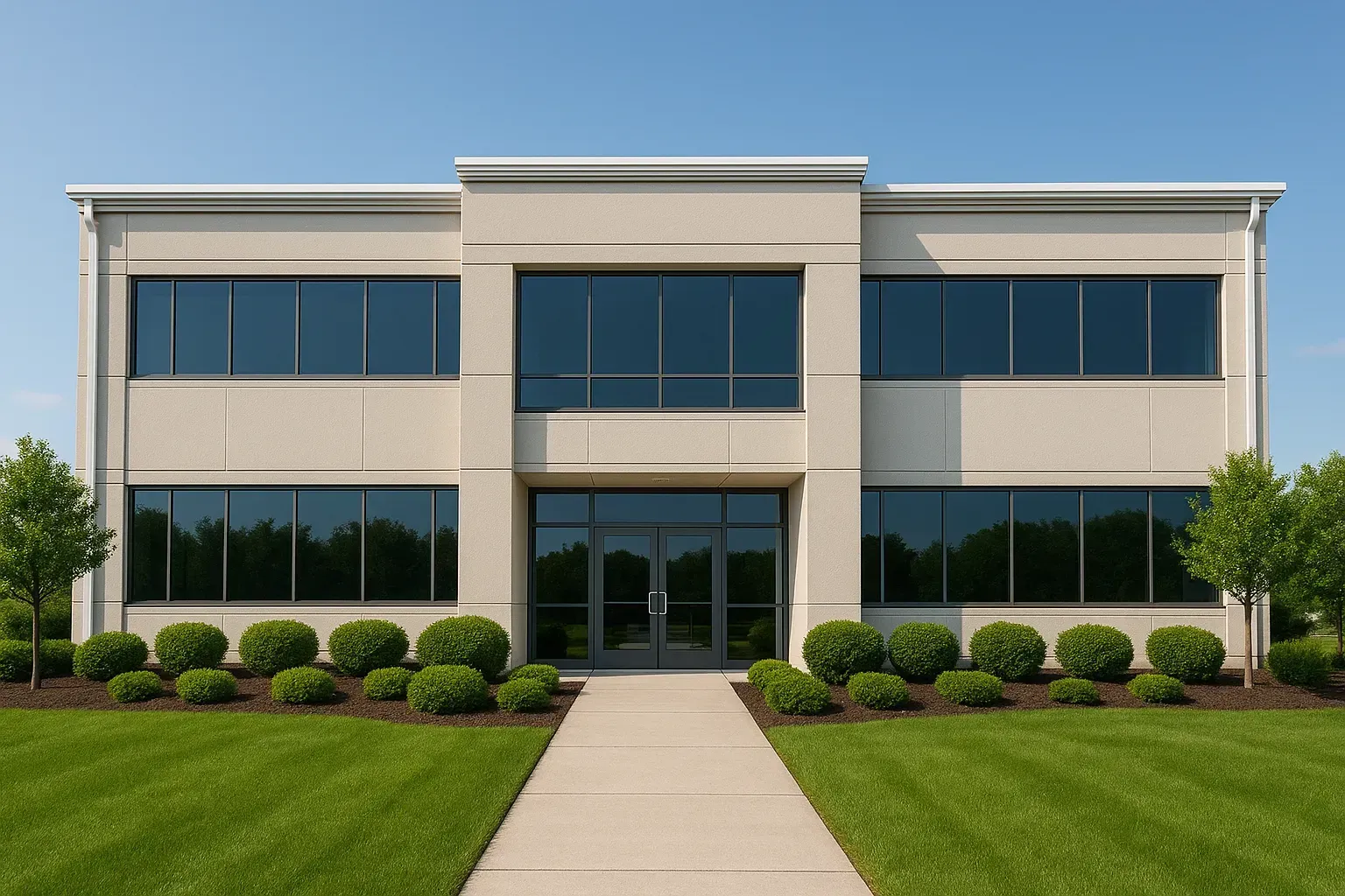 Modern commercial building with seamless commercial gutters and professional appearance