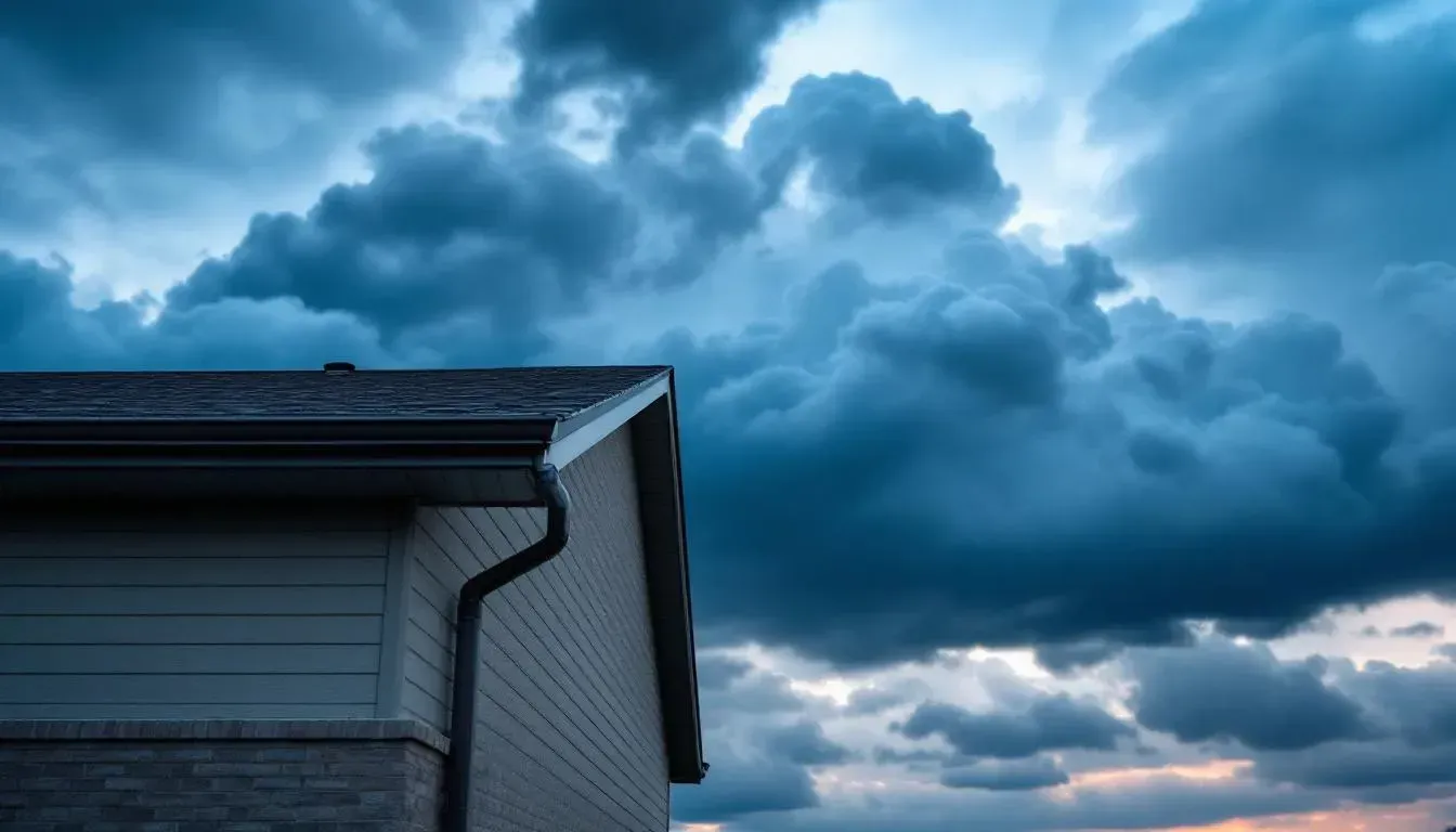 Ranch-style home in Wichita with white gutters under stormy Kansas sky