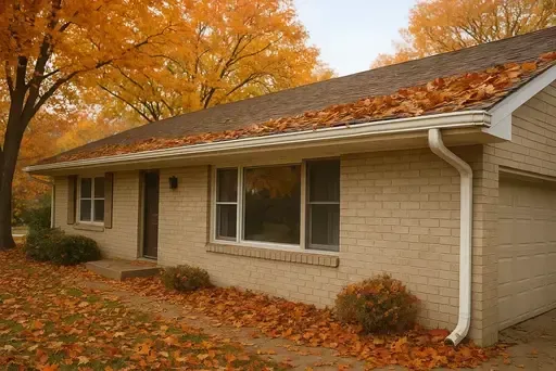 Ranch-style home in Wichita Kansas with gutters needing fall cleaning before winter weather