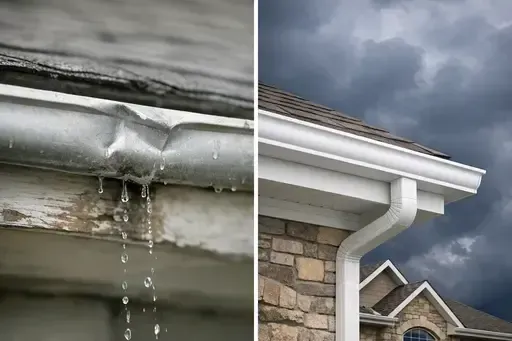 Comparison of old sagging gutters and a new seamless gutter installation on a home in Wichita, KS.v