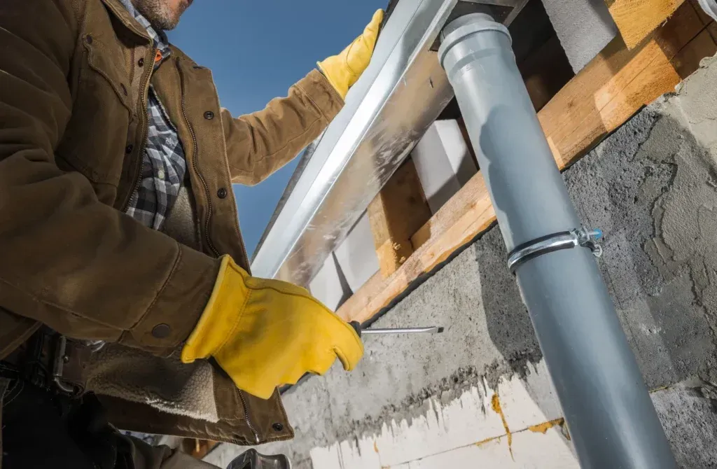 worker finishing repair of eaves roof gutters