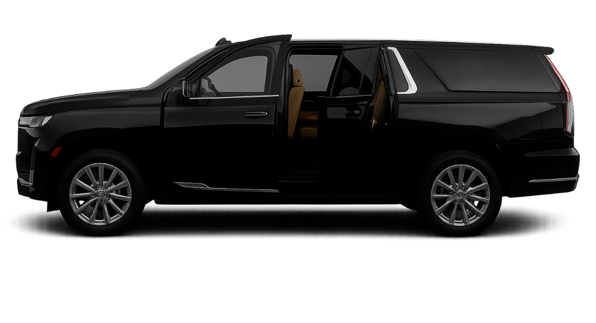 A black suv with its doors open on a white background.