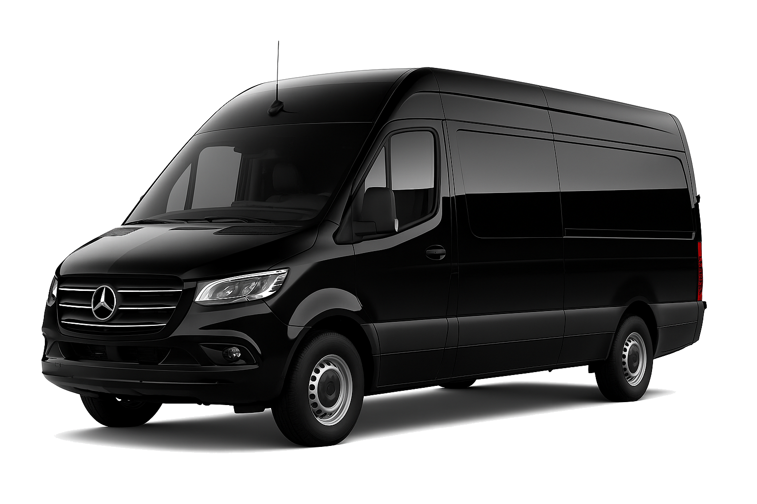 A black mercedes sprinter van is shown on a white background.