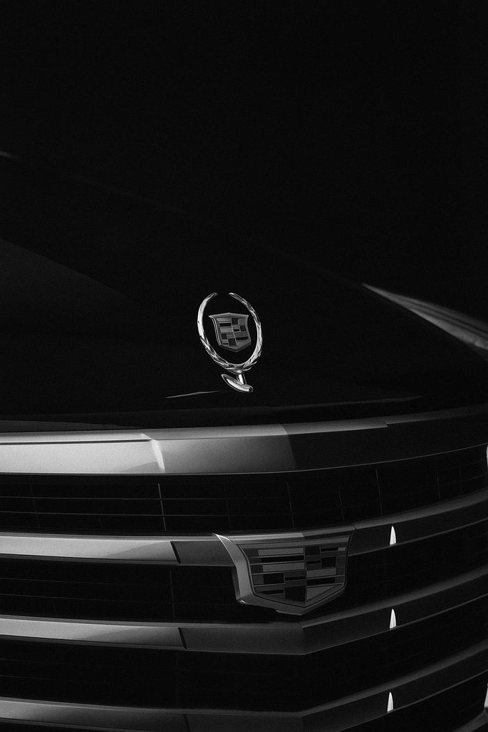 A black and white photo of a cadillac emblem on the hood.
