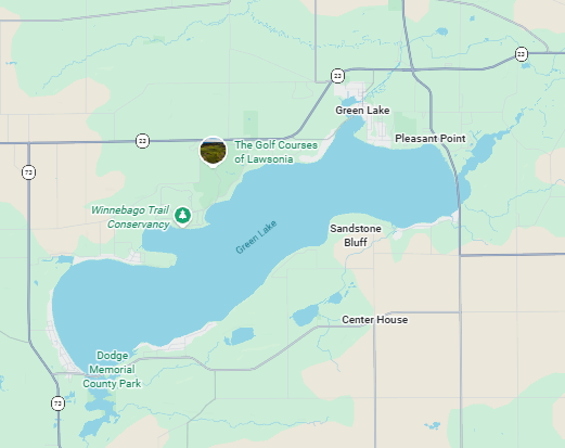 A map showing Green Lake, Wisconsin, featuring nearby parks, roads, and geographical landmarks.