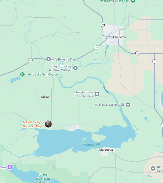 A digital map showing Princeton, Marquette, and surrounding areas with landmarks like Buffalo Lake and Puchayan Lake.