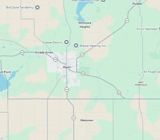A digital map showing the area around Ripon, Wisconsin, with roads, surrounding towns, and local business markers.