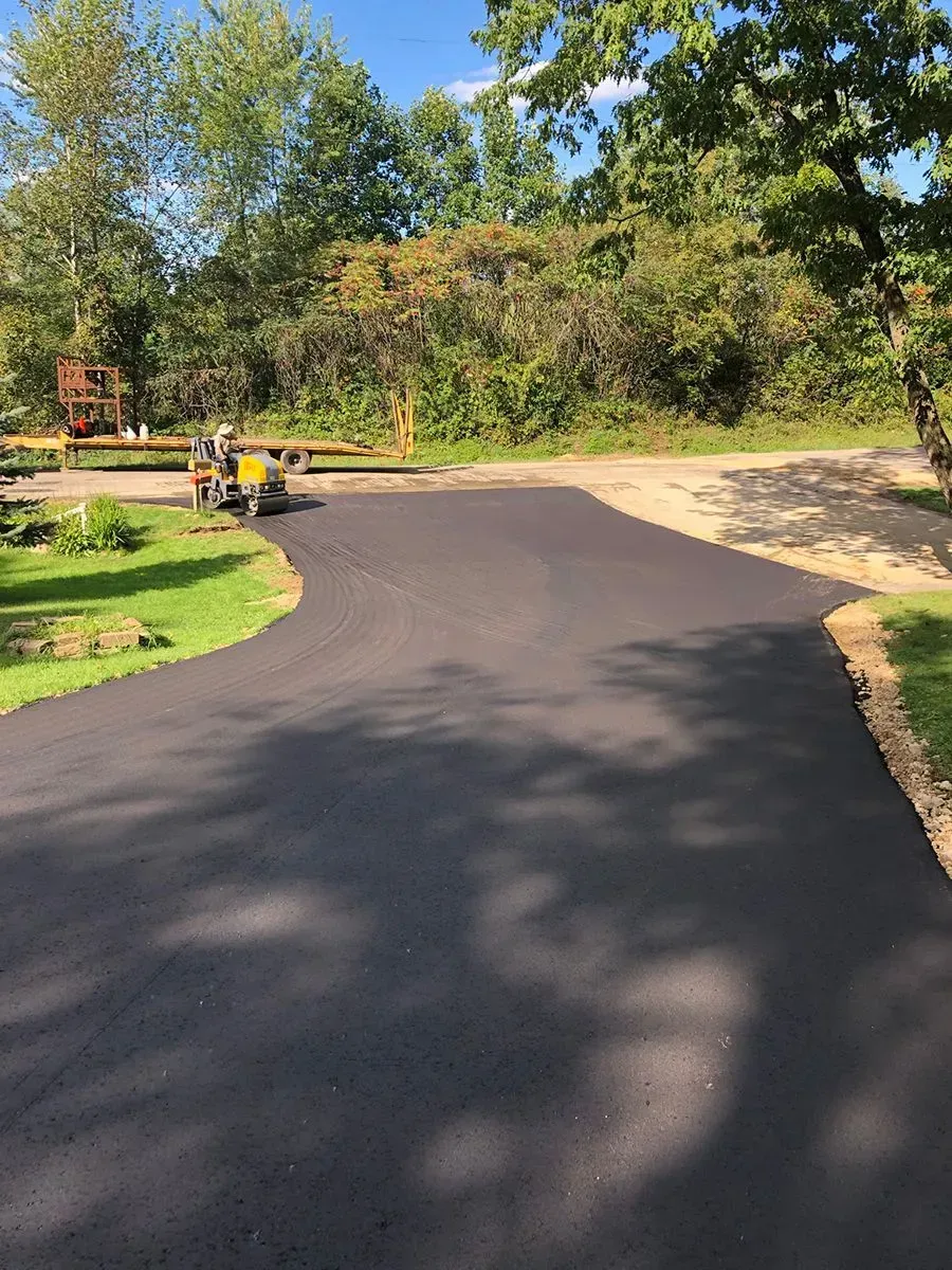 A freshly paved black asphalt driveway winding through a green, tree-lined residential property on a sunny day.