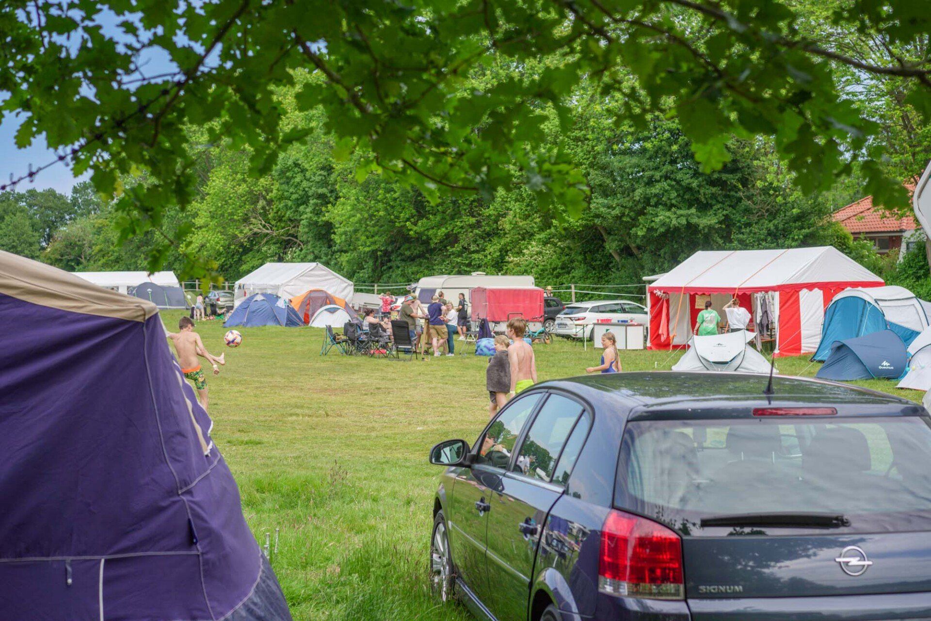 Zelte, Autos, Menschen, die sich tagsüber im Freien auf einer Wiese versammelt haben.