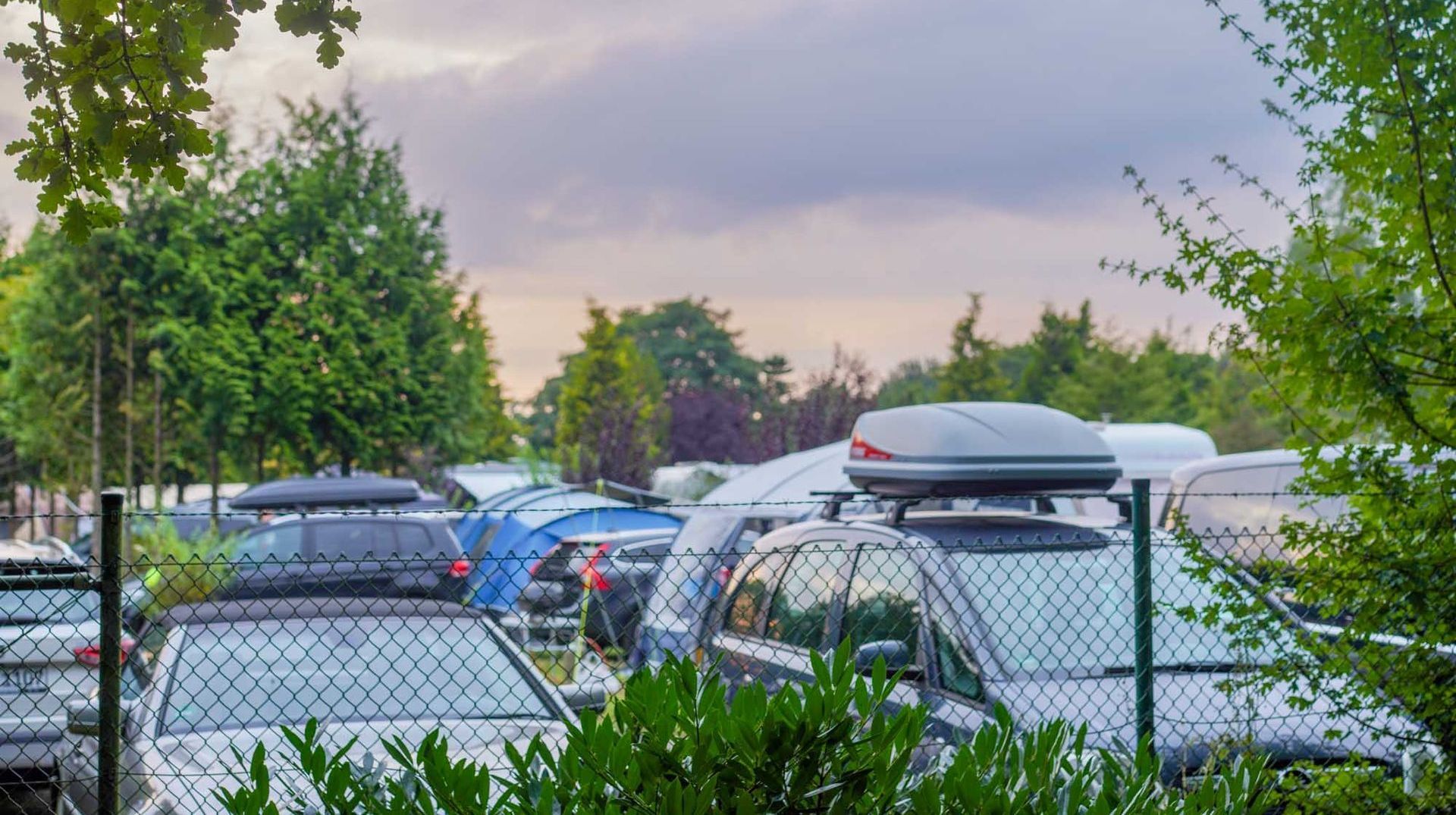 Auf einem Campingplatz mit Zelten geparkte Autos, umgeben von Bäumen und einem bewölkten Himmel.