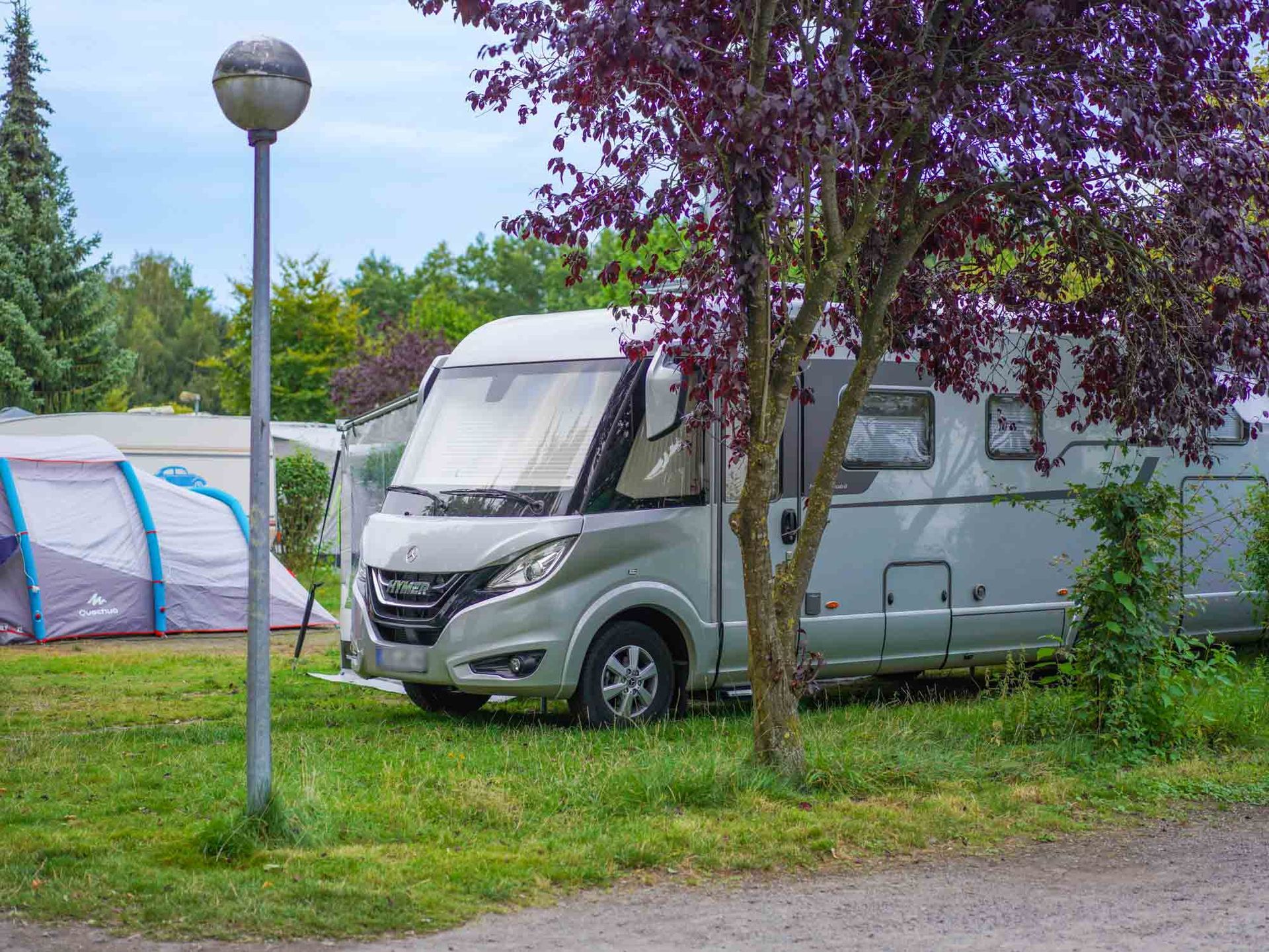 Wohnmobil auf grasbewachsenem Campingplatz neben Zelt und Baum