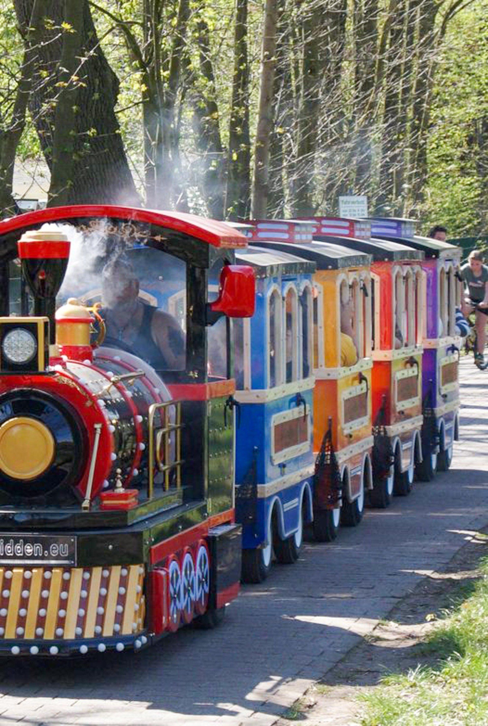 Bunter Zug auf einem gepflasterten Weg in einem Park; Rauch steigt aus der Lokomotive auf.