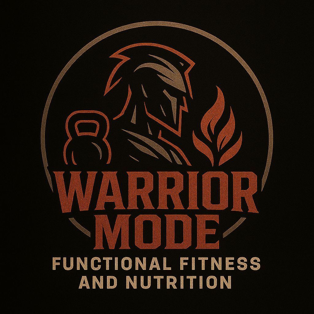 Logo for Warrior Mode fitness. A Spartan helmeted head, kettlebell, and flame within a circle, text "Warrior Mode".
