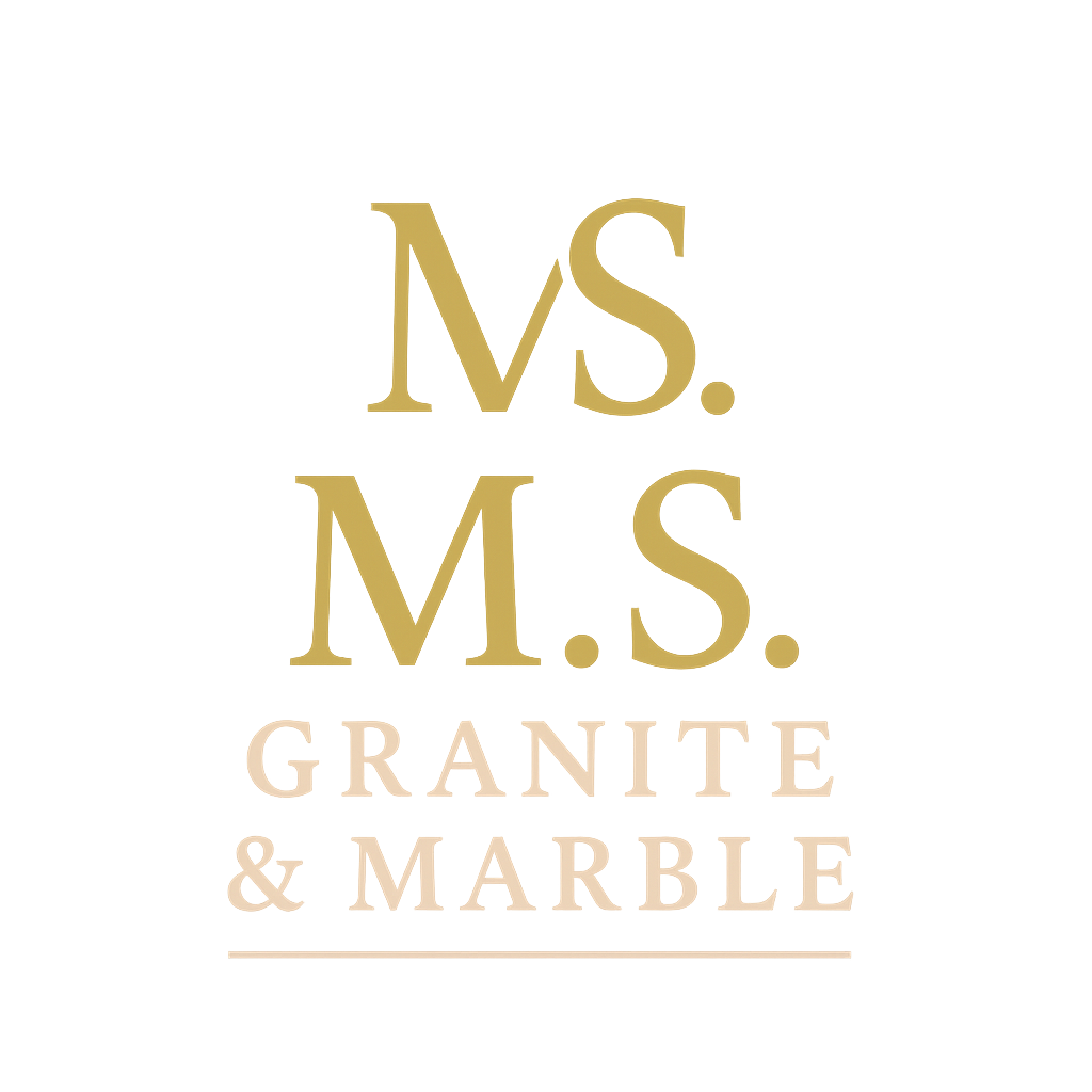 Gold "MS. MS." stacked text above "GRANITE & MARBLE" in light brown.