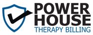 Power House Therapy Billing logo with blue shield and black checkmark beside bold black and blue text