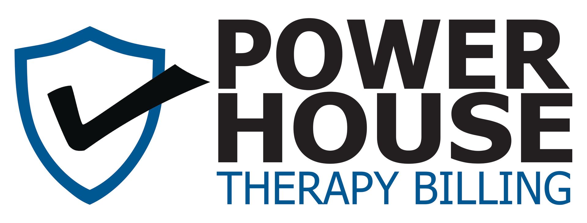 Power House Therapy Billing logo with blue shield and black checkmark beside bold black and blue text