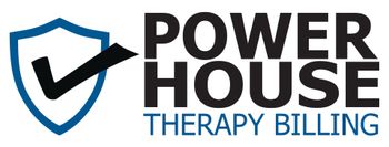 Power House Therapy Billing logo with blue shield and black checkmark beside bold black and blue text