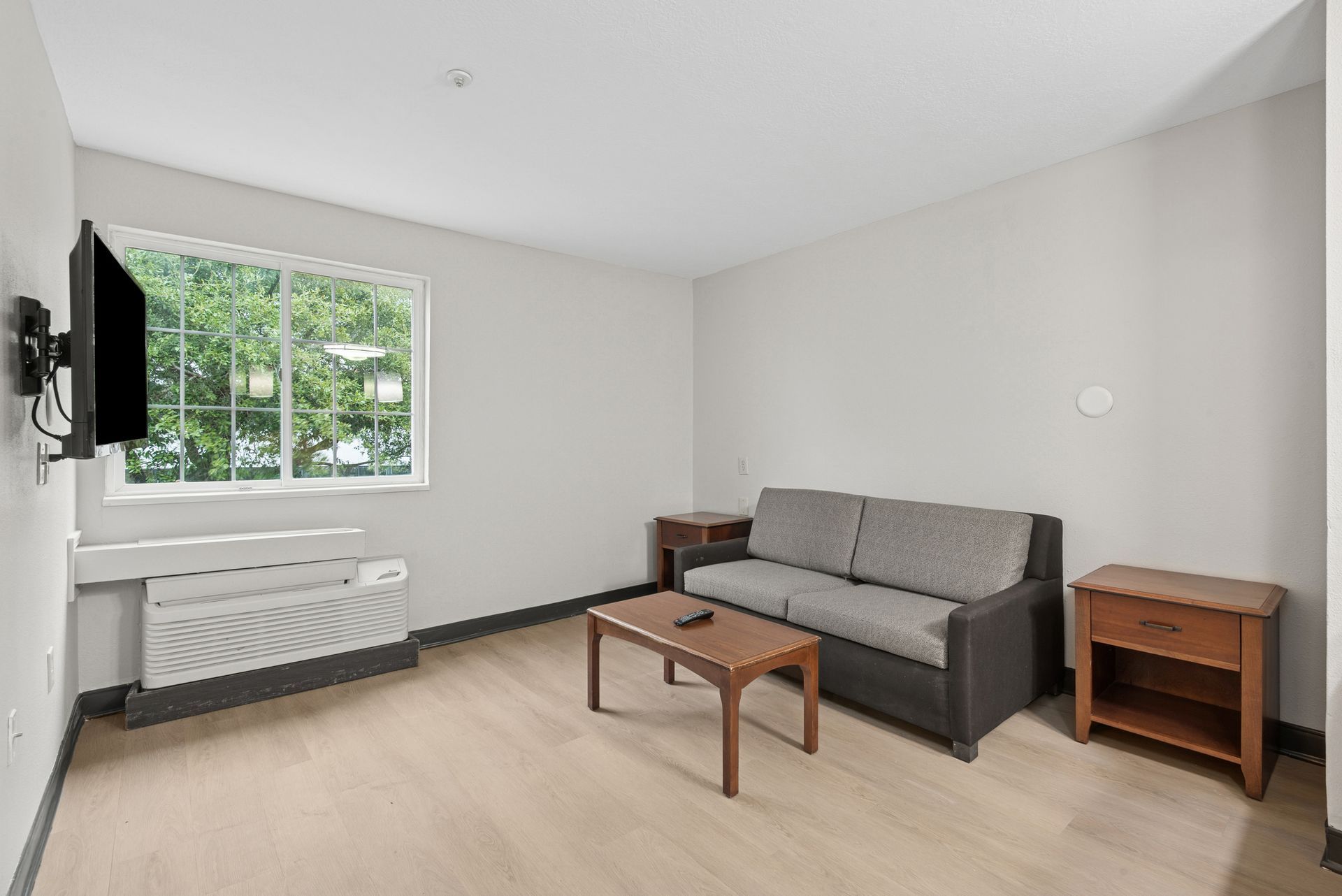 Living room with a gray couch, TV, window, and wood furniture.