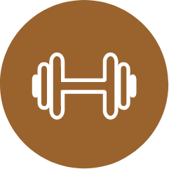 An icon of a dumbbell in a brown circle.