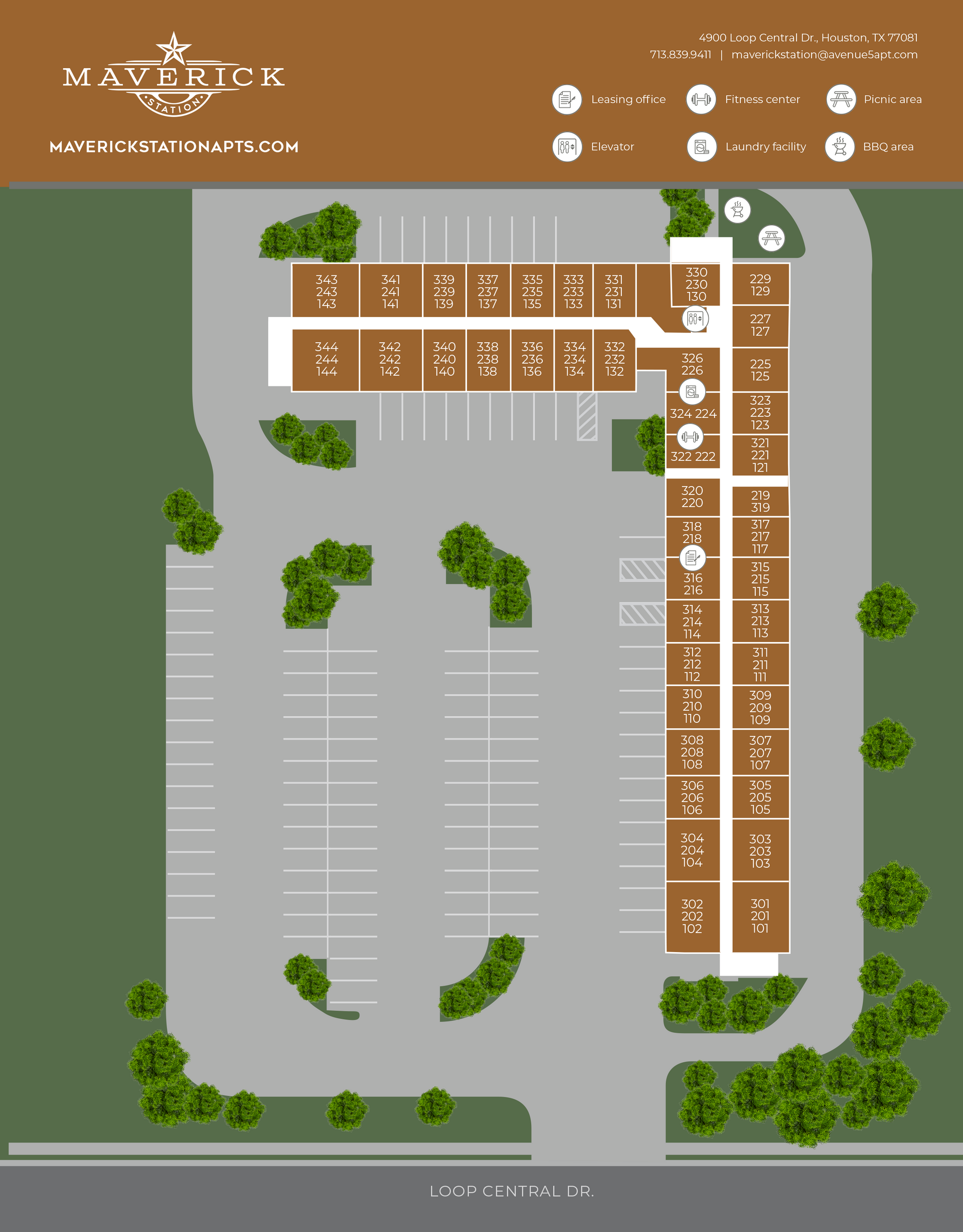 Floor plan of the Maverick Shopping Center, featuring brown storefronts, parking, trees, and a street view.