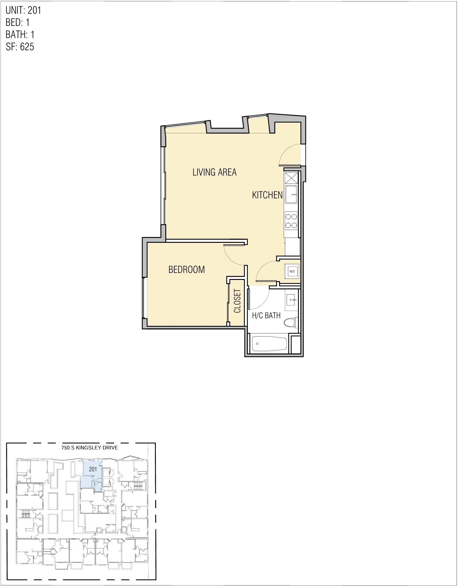 Floor plan of a unit with a living area, kitchen, bedroom, and bathroom.