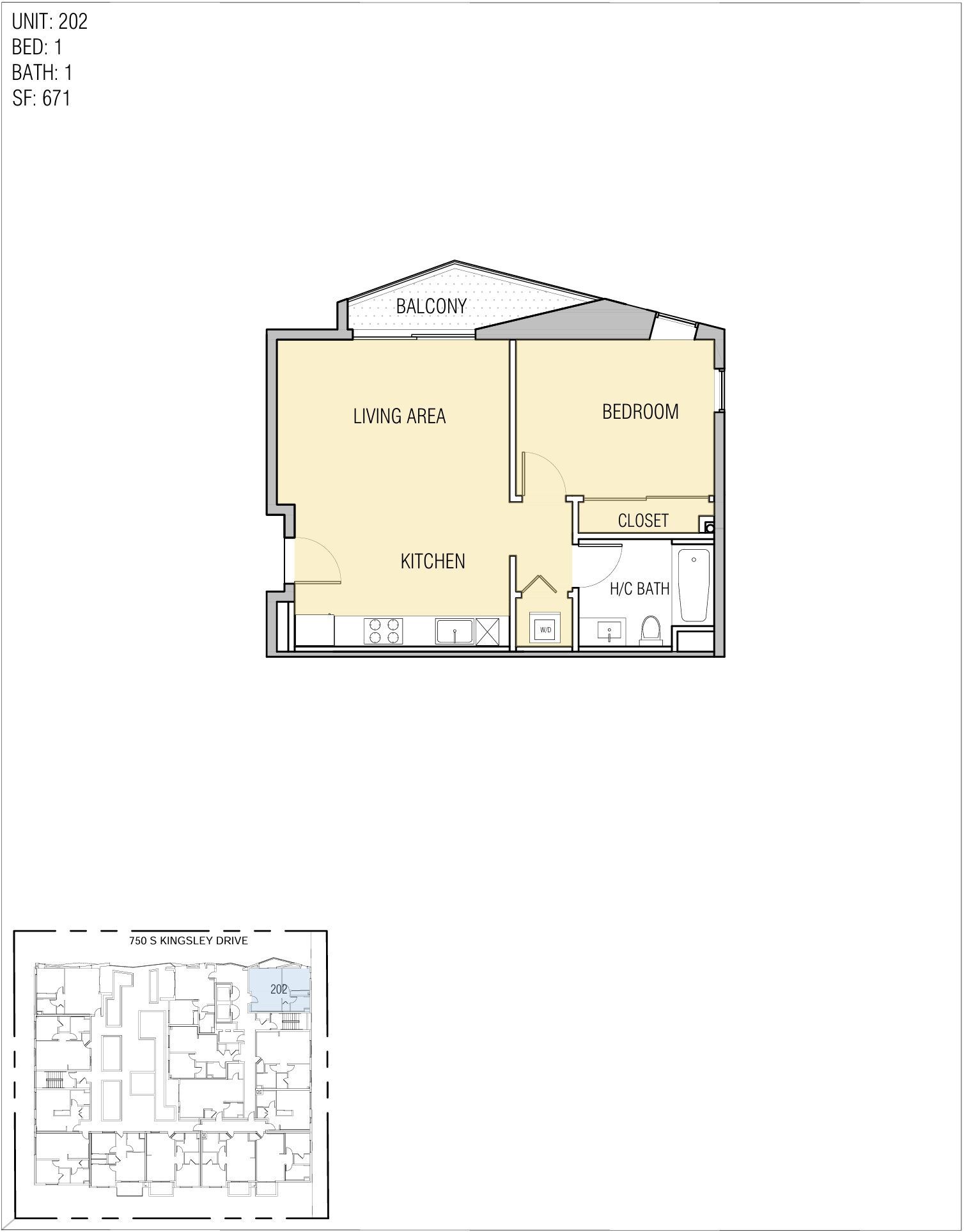 Floor plan: single-bedroom apartment layout, with living room, bedroom, kitchen, and bathroom.