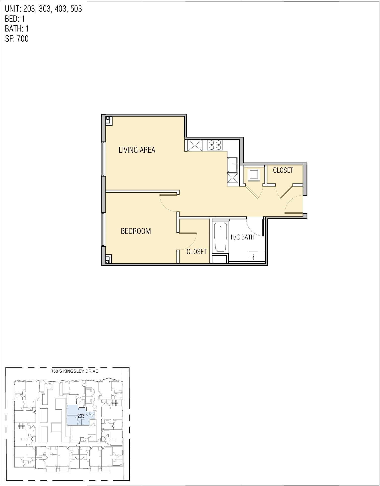 Floor plan of an apartment unit with living area, bedroom, closet, and kitchen.