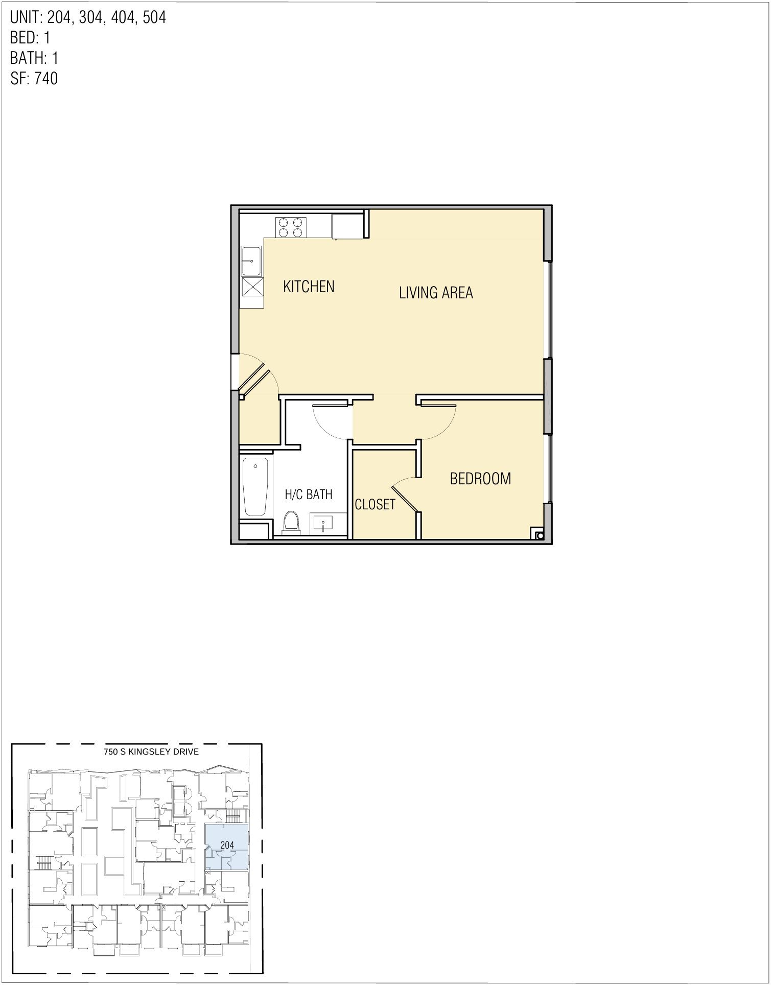 Floor plan of a one-bedroom apartment with a kitchen, living area, bathroom, and bedroom, plus a building overview.