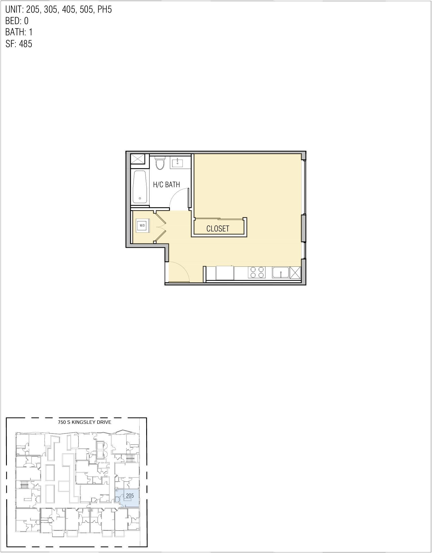 Floor plan of a studio apartment, featuring a bathroom, living area, and kitchen space with windows.