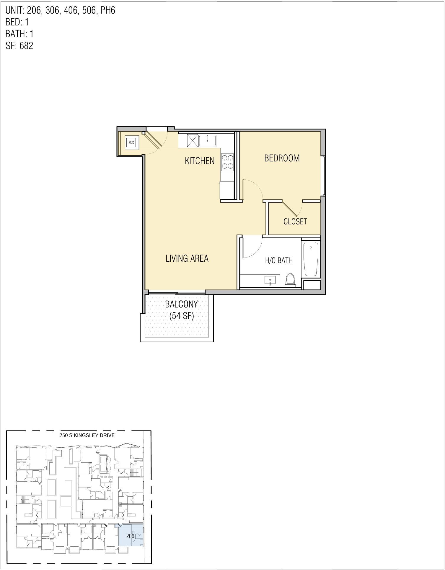 Floor plan of a studio apartment with kitchen, living area, bedroom, and balcony.