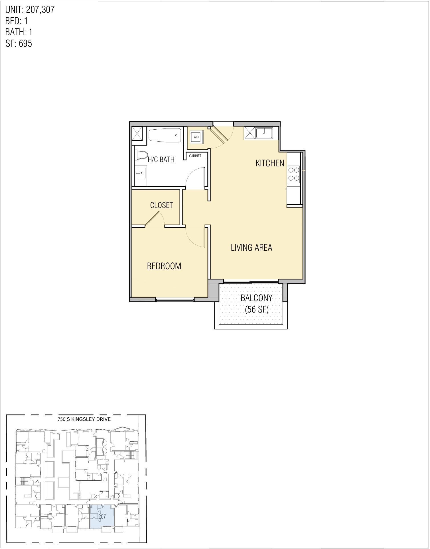Floor plan of a unit with bedroom, kitchen, bathroom, and closet, with a small balcony and overview map.