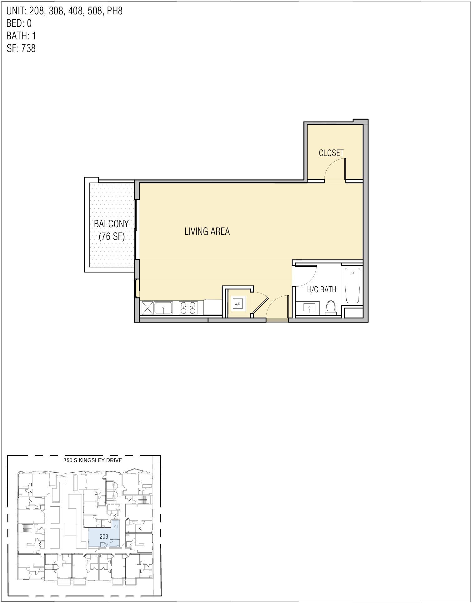Floor plan: Studio apartment layout with a living area, bathroom, and balcony.