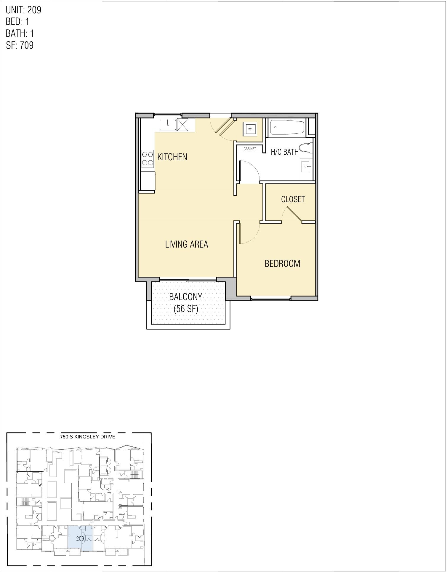 Floor plan of a studio apartment, with kitchen, living area, bedroom, bathroom, and balcony.