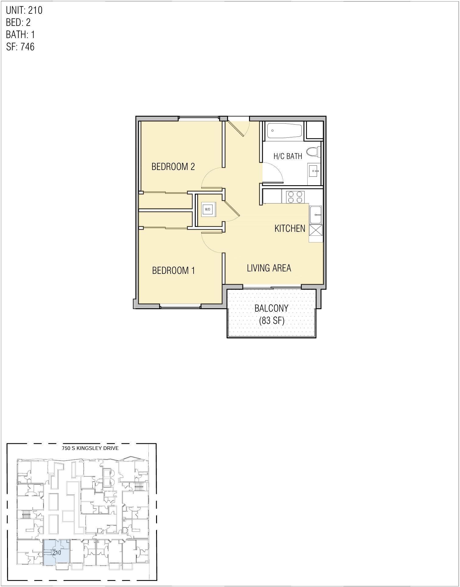 Floor plan of an apartment with a bedroom, living room, and balcony; light yellow walls with dark outlines.
