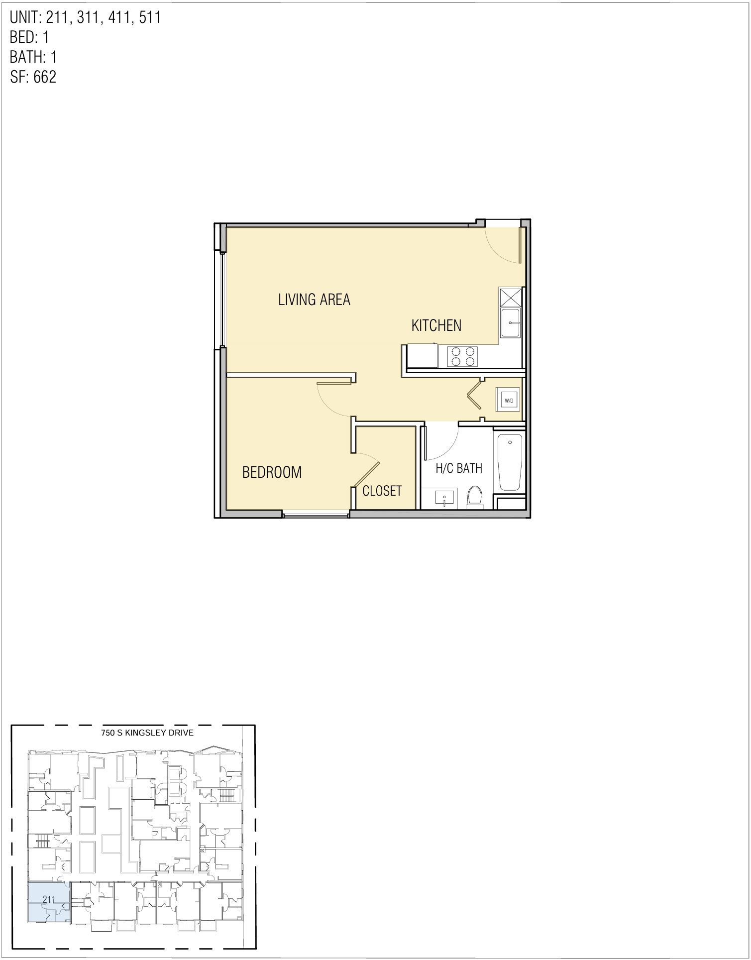 Floor plan of a one-bedroom apartment with living area, kitchen, bedroom, and closet.