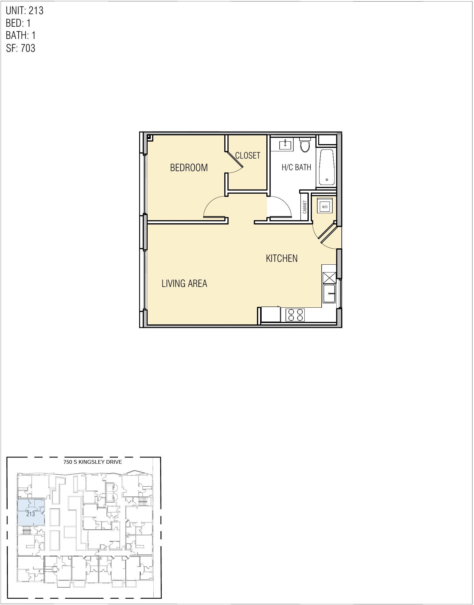 Floor plan of a studio apartment with living area, kitchen, bathroom, and closet.