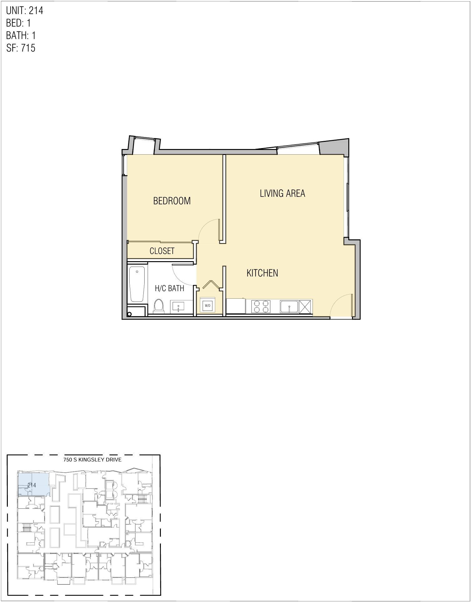 Floor plan of a one-bedroom apartment with a bedroom, living area, kitchen, bathroom, and closet.